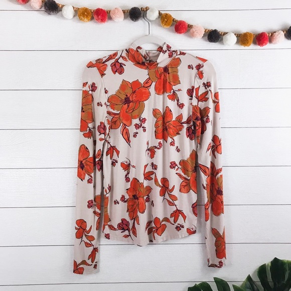 Free People •Orange Floral Mock Neck Chocolate Top - Picture 3 of 8